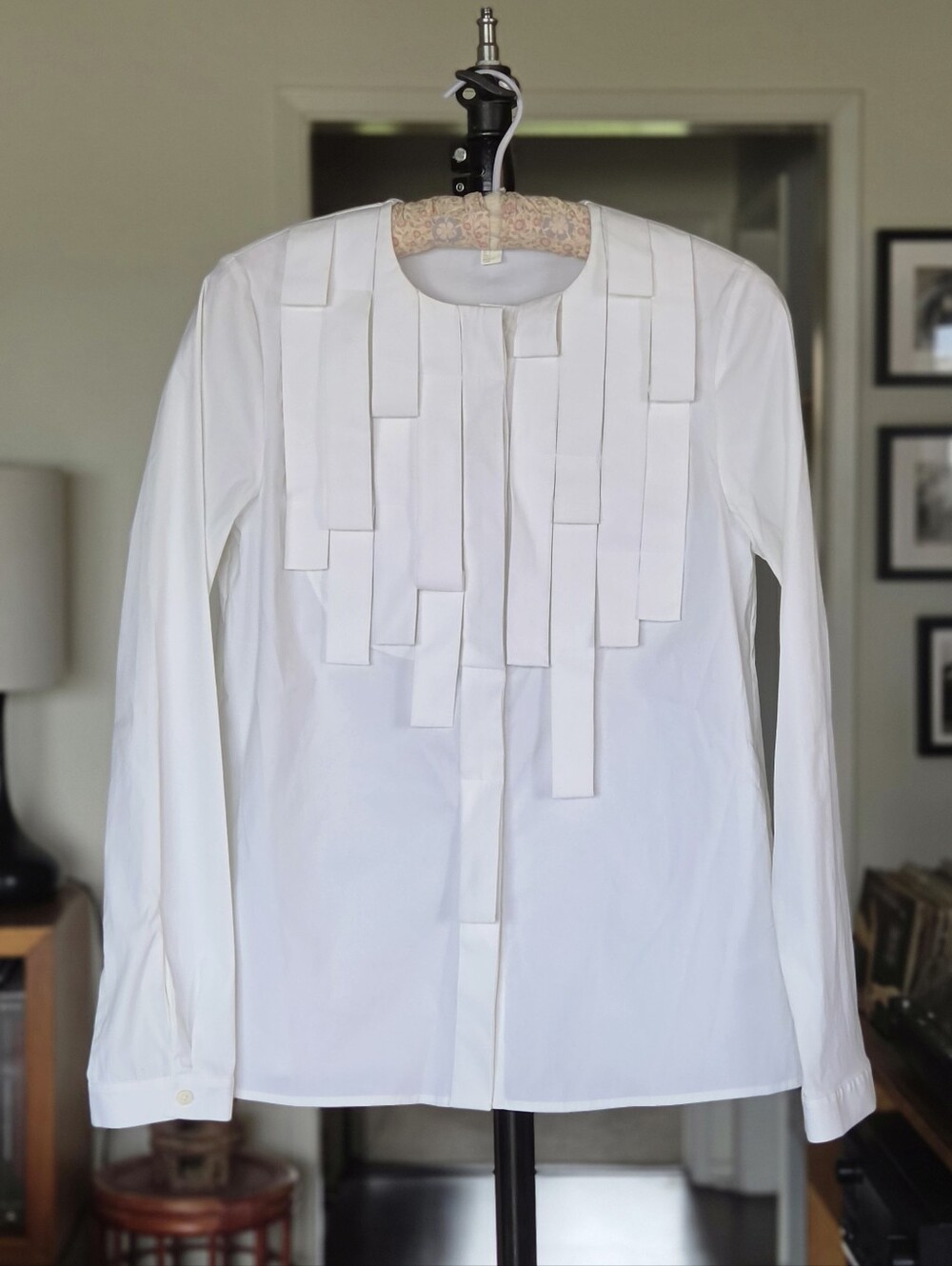 COS White Long-Sleeve Button-Down Top with Pleated Tab Detail